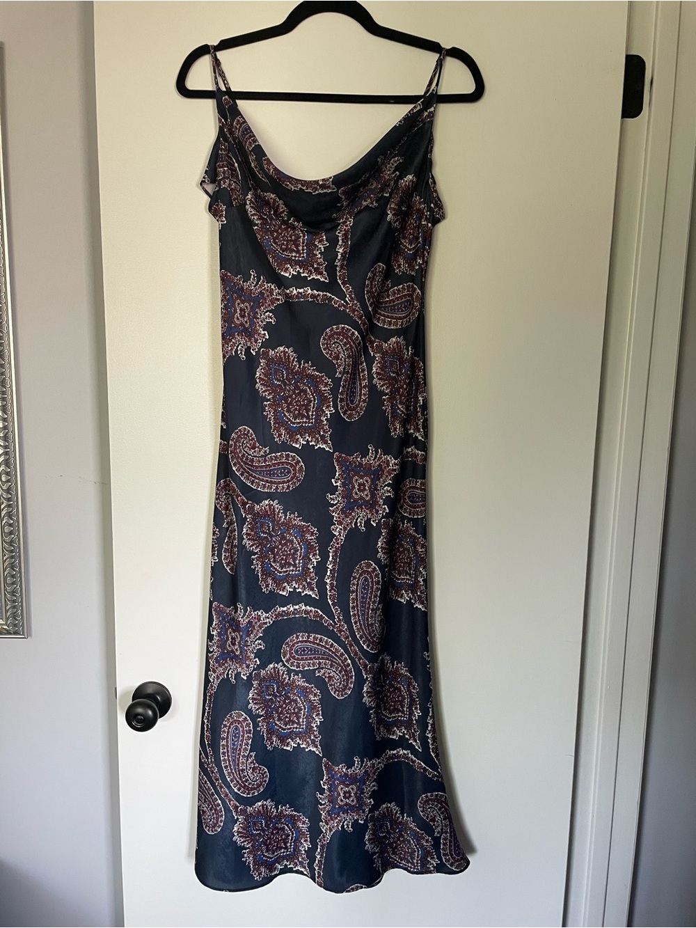 Navy Paisley Cowl-Neck Maxi Slip Dress